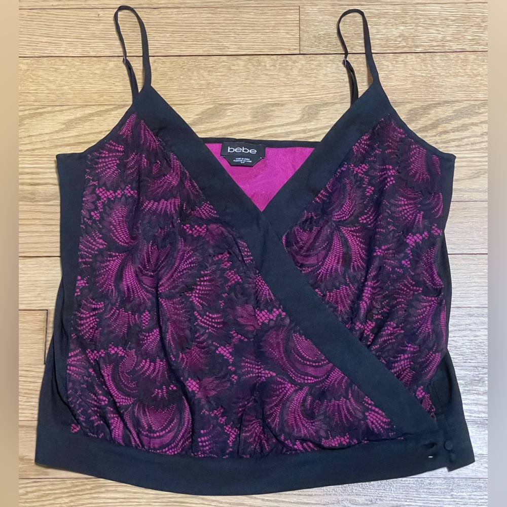 BEBE Black Lace over Pink Lining Spaghetti Strap Surplice Dressy Evening Top